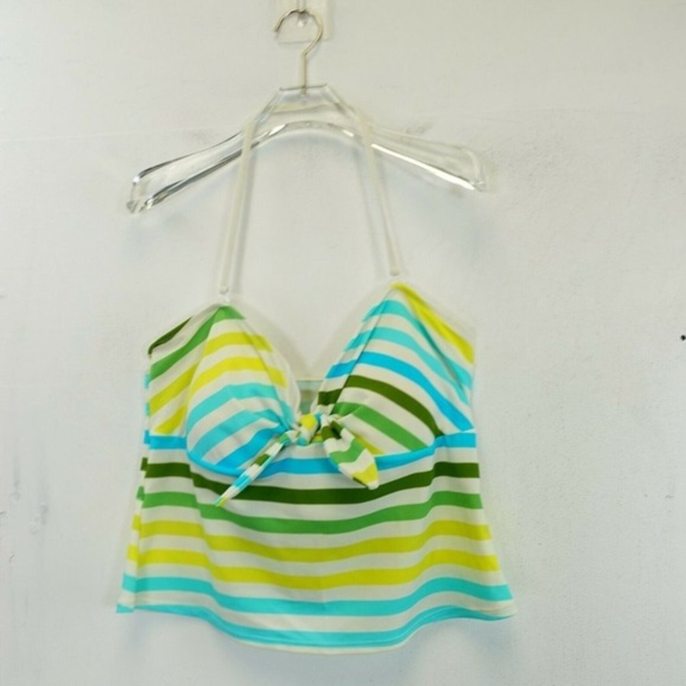 Sand N Sun Womens Tankini Top 2X 18W Yellow Blue Striped Halter Padded Swimwear